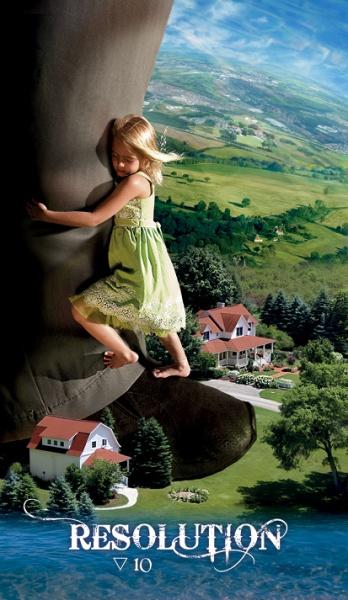 A young girl in a green dress hugs the leg of a giant towering over houses and countryside—a symbol of spiritual growth. "RESOLUTION" and the number 10 appear below in Transformation Oracle by Schiffer Publishing, Ltd.