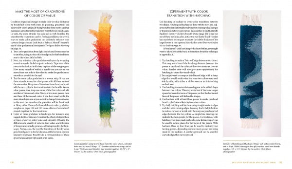 A spread from "Tapestry Design Basics and Beyond" by Schiffer Publishing, Ltd. displays two text columns with central and right textile samples: a rainbow gradient and blue-white zigzag, illustrating advanced tapestry weaving concepts.
