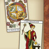 Two tarot cards on a brown background—the Wheel of Fortune and the Magician—from "Tarot, Birth Cards, and You" highlight powerful Major Arcana archetypes with symbolic imagery and vibrant colors.
