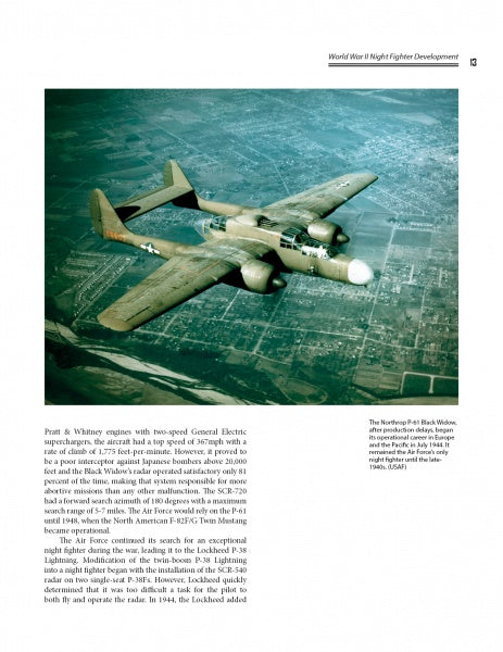A World War II Northrop P-61 Black Widow flies over fields in daylight on the cover of "Night Cats and Corsairs" by Schiffer Publishing, Ltd. The twin-engine night fighter has a dark fuselage and glass canopy, viewed from above.