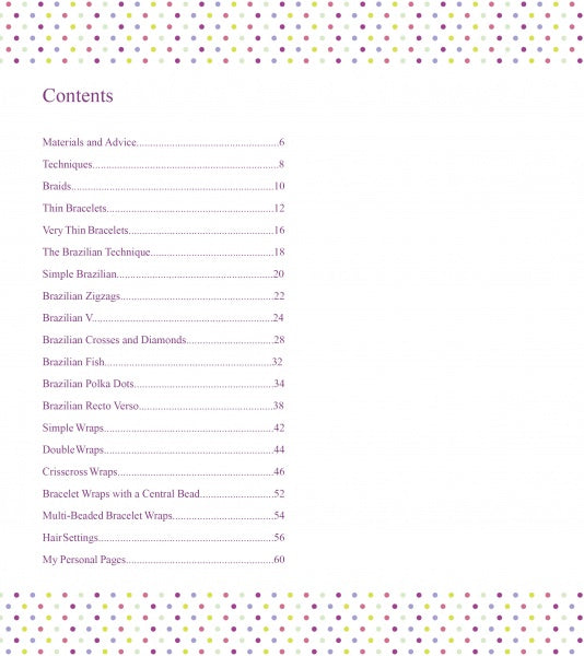 Table of contents for "Brazilian Bracelets: Making Friendship Bracelets & More" by Schiffer Publishing, Ltd., featuring tips, techniques, braids, patterns, and customizable pages—all with a colorful polka dot border.