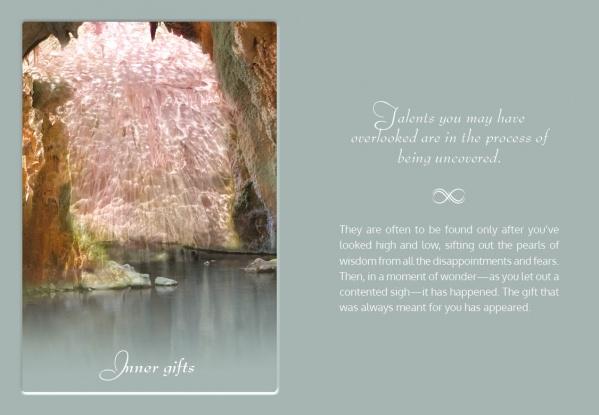 Sunlight streams into a tranquil cave, highlighting pink crystals above a peaceful pool; text: TLC for the Soul by Schiffer Publishing, Ltd.—uplifting messages from a 33-card deck to inspire discovery of your hidden talents.