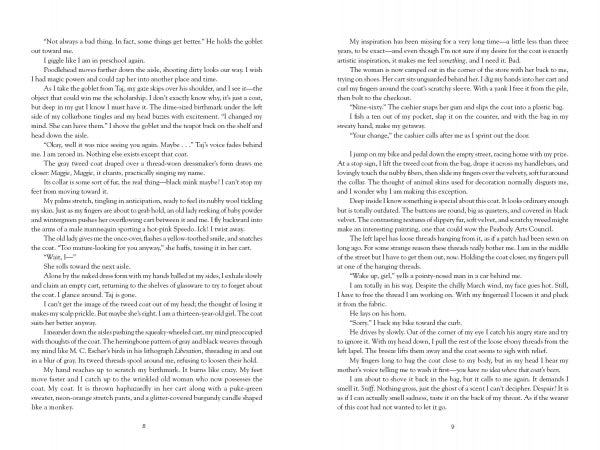 Two pages from "A Promise Stitched in Time" by Schiffer Publishing, Ltd., show dense black English text on white pages. The prose explores Holocaust history with dialogue and descriptions. No images or illustrations appear.