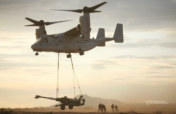 A Tilt Rotor Aircraft by Schiffer Publishing, Ltd. lifts a tank with cables as soldiers stand nearby at sunset.