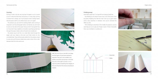 A step-by-step photo guide from Schiffer Publishing, Ltd.'s "Papercutting" shows how to score, cut, and fold white cardstock for paper art, including close-ups of tools, marked edges, folding hands, and fold diagrams.