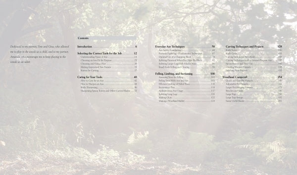 Image of the "Wilderness Axe Skills and Campcraft" book’s table of contents by Schiffer Publishing, Ltd., over a forest background, highlighting sections on carving cuts, campcraft, wilderness axe skills, everyday techniques, and a detailed index.