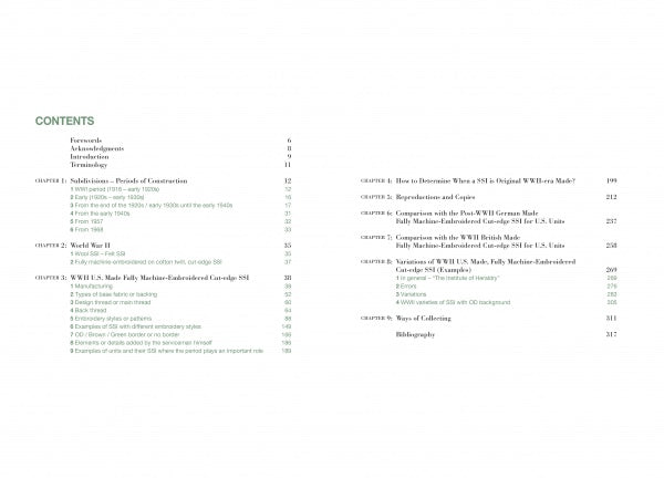 The table of contents for "U.S.-Made, Fully Machine-Embroidered, Cut Edge Shoulder Sleeve Insignia of World War II" (Schiffer Publishing, Ltd.) spans two pages, covering terminology, WWII history, SIII helmets, SSI collecting, collector tips, and a bibliography.