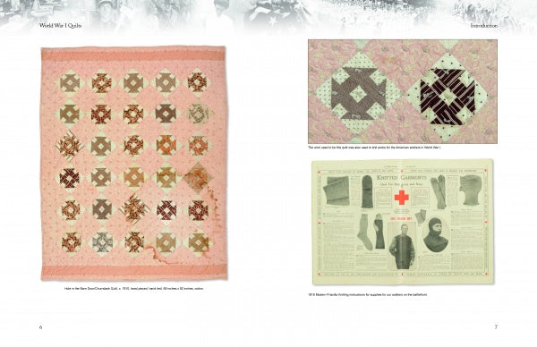 A two-page spread from "World War I Quilts" by Schiffer Publishing, Ltd. shows a pink and white patchwork quilt on the left, close-ups of WWI quilt squares on the upper right, and vintage knitting instructions below.