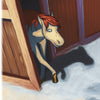 A cartoon horse with a reddish mane steps cautiously from a wooden stable onto snowy ground, looking unsure—an ideal scene for "The Tale of Strawberry Snow" by Schiffer Publishing, Ltd.