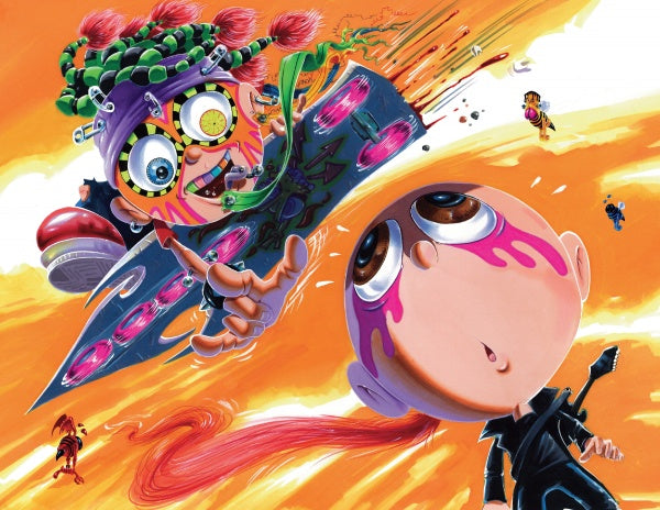 A wide-eyed child with pink face paint gazes up as an eccentric character on a flying skateboard zooms by in the vivid, graphic novel-style world of The Sweet Rot from Schiffer Publishing, Ltd.
