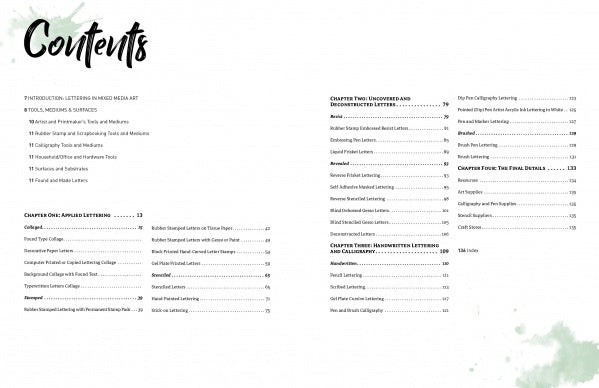 Table of contents page from "The Painted Word" by Schiffer Publishing, Ltd., listing chapters on tools, surfaces, letterforms, brush lettering, word art inspiration, mixed media projects, calligraphy techniques, and more with page numbers.