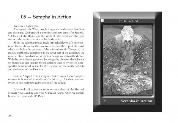 A black-and-white AboraMana book spread from Schiffer Publishing, Ltd. titled "Serapha in Action" shows an angelic figure with wings, radiant headdress, and sphere amid celestial symbols—ideal for fans of feminine wisdom or self-discovery cards.