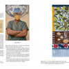 A spread from "Tapestry Design Basics and Beyond" by Schiffer Publishing, Ltd. shows a nurse in scrubs and mask on the left, and a tapestry-inspired textile with a tree and flowers on the right, with text on visual design and balance.