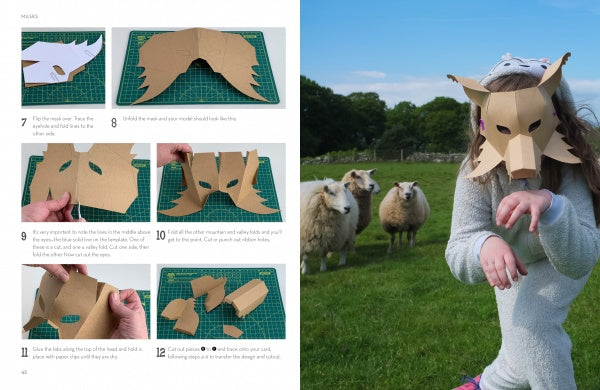 Step-by-step instructions for creating a cardboard wolf mask are shown on the left; on the right, a child playfully wears the finished mask outdoors—featured in Cut It! by Schiffer Publishing, Ltd. for fun kids paper crafts and art projects.