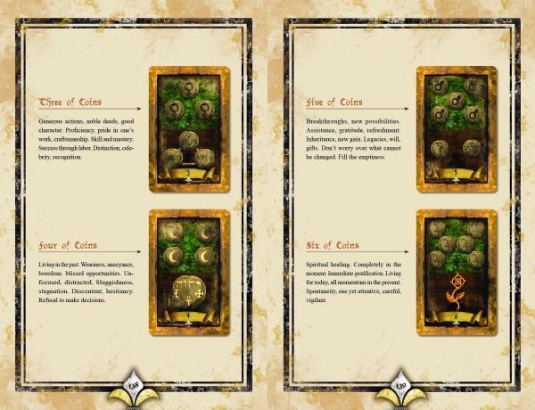 Two illustrated pages from The Illuminati Tarot by Schiffer Publishing, Ltd. feature card images and brief meanings for Tree, Four, Five, and Six of Coins—covering abundance, stability, change, and spiritual learning on parchment-style backgrounds.