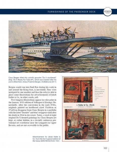 A vintage ad depicts the Dornier Do X flying boat above water with passengers on deck. Below, two illustrated J. Keller & Co. Zürich ads highlight the airline’s furnished lounges. Product: Dornier Do X by Schiffer Publishing, Ltd.