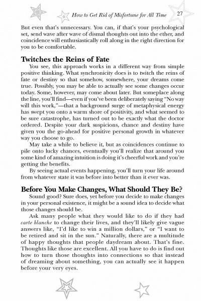 A page from Schiffer Publishing, Ltd.’s self-help book "Twist Your Fate," offering mindset shifts, synchronicity techniques, and practical tips to turn your luck around through positive thinking.