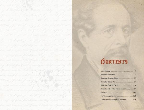 A sepia-toned image of a man’s face forms the backdrop for the table of contents, with section titles and page numbers on the right under “Contents” in red—ideal for The Charles Dickens Tarot by Schiffer Publishing, Ltd.