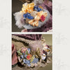 Two close-up images of Whimsical Elegance hats by Schiffer Publishing, Ltd., featuring ornate fabric, colorful ribbon flowers, lace, feathers, and textured trims for historical fashion dolls, set against a soft patterned background.