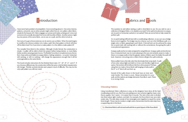 Two open book pages of "The Fiona Quilt Block" by Schiffer Publishing, Ltd. display quilt-patterned fabric swatches and stitching lines. Titled “Introduction” and “Fabrics and Tools,” it's perfect for beginner quilters seeking illustrated guides.