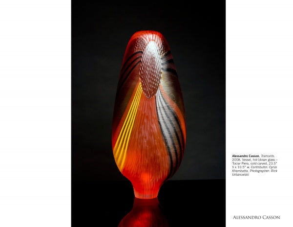 Art Glass Today" by Schiffer Publishing, Ltd. features stunning glass sculptures, like tall ovals with swirling red, orange, yellow, and black patterns. Light reveals their intricate textures and expert artistry against dark backgrounds.