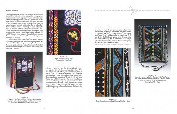 A two-page spread from Schiffer Publishing, Ltd.'s "Andean Sling Braids" showcases close-up photos and descriptions of intricately embroidered shoulder bags with vibrant geometric patterns, detailed stitching, and Andean braiding. Text surrounds the images.