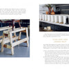 A two-page spread from Schiffer Publishing's The Little Upholstery Book shows mannequins, a modern shop display, and offers tips on creating or leasing a shop, storage solutions, and inspiring upholstery ideas for beginners.