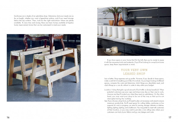 A two-page spread from Schiffer Publishing's The Little Upholstery Book shows mannequins, a modern shop display, and offers tips on creating or leasing a shop, storage solutions, and inspiring upholstery ideas for beginners.