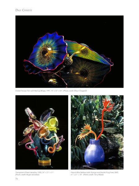Photograph from "Studio Glass in America" by Schiffer Publishing, Ltd. featuring three vibrant glass sculptures: a blue, yellow, and red ruffled platter; a multicolored abstract vase; and a purple vase with orange-red flower-like stems.