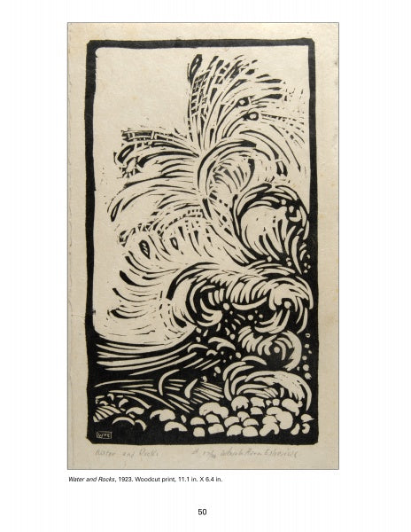 Black and white woodcut print from the Wharton Esherick Studio & Collection by Schiffer Publishing, Ltd.; abstract swirling water over rocks with bold lines evoking Esherick’s sculptural style. Printed text and artist’s signature at bottom.