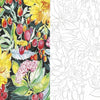A split image from Schiffer Publishing’s The Art for Joy's Sake Journal shows Kristy Rice’s vibrant watercolor of yellow flowers, red berries, and green leaves on the left, with a matching black-and-white coloring page on the right.