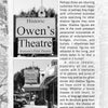 A black-and-white page from "Branson Hauntings" by Schiffer Publishing, Ltd. showcases two Historic Owens Theatre sign photos and text about shadow figures and ghost sightings, set against images of the theater's exterior.