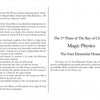 An open book from AboraMana by Schiffer Publishing, Ltd. shows two pages: the left explores remorse's impact, referencing a holy water vessel—echoing self-discovery cards; the right opens "The 3rd Plane of The Ray of Creation—Magic Physics, The Four Elemental Houses.