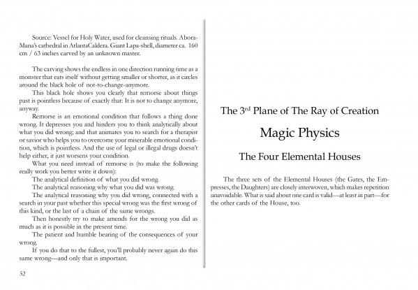 An open book from AboraMana by Schiffer Publishing, Ltd. shows two pages: the left explores remorse's impact, referencing a holy water vessel—echoing self-discovery cards; the right opens "The 3rd Plane of The Ray of Creation—Magic Physics, The Four Elemental Houses.