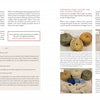 A book spread from "Punch Needle Rug Hooking" by Schiffer Publishing, Ltd. shows a Q&A with punch needle tips and red highlights on the left page, and three step-by-step photos of colorful yarn for punch needle or rug hooking on the right.