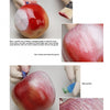A hand paints a red and white apple-shaped gourd in "Apples to Apples" by Schiffer Publishing, Ltd., showing beginner techniques. Close-ups highlight brush strokes and green speckles with text instructions overlaying the images.