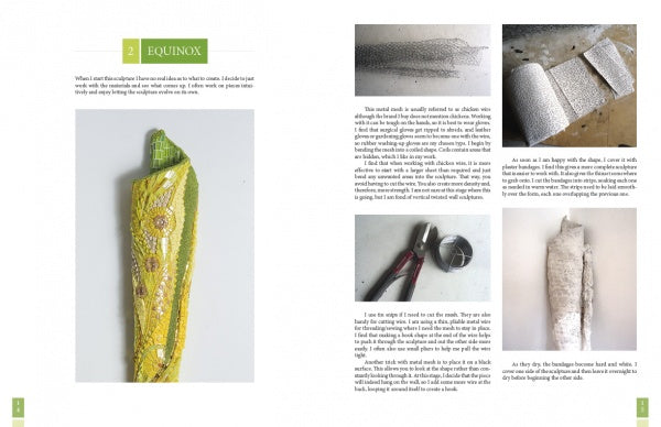 A two-page spread from "Sculptural Secrets for Mosaics" by Schiffer Publishing, Ltd. shows an embroidered yellow fabric on the left, and step-by-step photos and text detailing its creation with texture paste, mosaic techniques, and tools on the right.