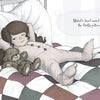 A young girl in one-piece pajamas lies on her bed next to a stuffed monkey, with a checkered quilt and pillow. Text from Schiffer Publishing’s "Mabel and the Queen of Dreams" reads: Mabel’s head eased into the fluffy pillow.