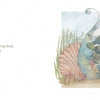 A watercolor illustration from "The Lobsters' Night Before Christmas" by Schiffer Publishing, Ltd.: Two blue-green lobsters relax on sandy grass—one in a pink shell, one on a rock. Text: “While Mimi did her claws and I read my book, we settled in our cozy cove nook.”.