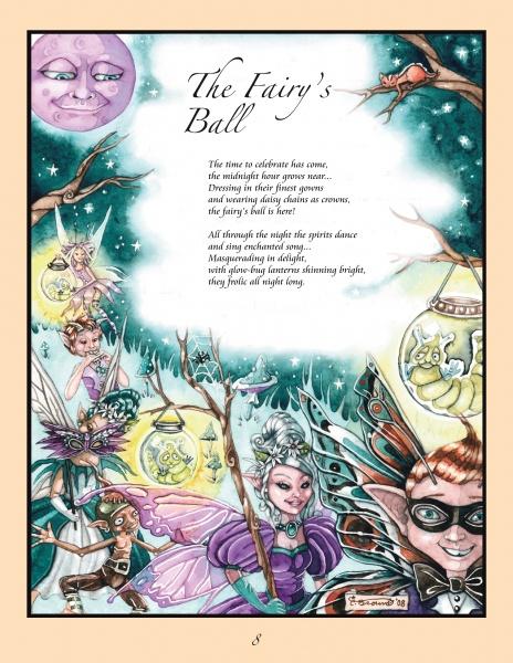 A whimsical fantasy fairy art illustration from "The Fairy's Song" by Schiffer Publishing, Ltd. shows fairies with colorful wings dancing beneath a starry sky and glowing lanterns, with a poem on the top right, like a poetry picture book.