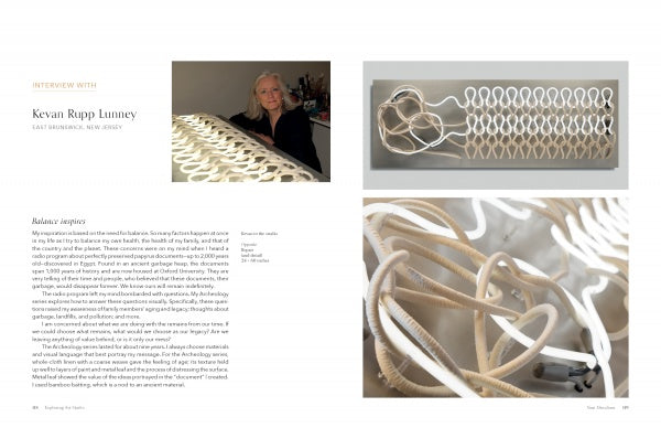 A magazine spread features an interview with Kevan Rupp Lunney, highlighting her woven art piece from "New Directions" by Schiffer Publishing, Ltd., with close-ups of rope and cord detailing her quilting process and inspiration.