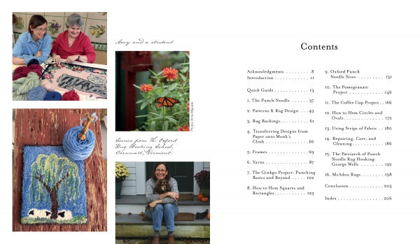 The Punch Needle Rug Hooking book by Schiffer Publishing, Ltd. features a contents page with photos of two women rug hooking, a monarch butterfly on flowers, a weeping willow rug, and a woman smiling on porch steps with a mug.