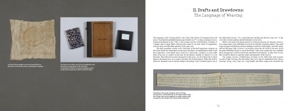 A two-page spread from Frances L. Goodrich's Coverlet and Counterpane Drafts (Schiffer Publishing) features textile photos, notebooks, and drafts on the left, with the chapter II. Drafts and Drawdowns title and a long textile strip on the right.