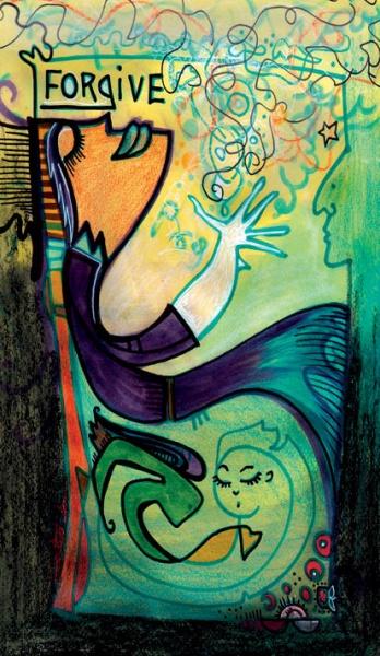A colorful abstract artwork from the "Manifesting Your Greatness" wisdom card deck by Schiffer Publishing, Ltd. shows a serene figure releasing swirling energy with “FORGIVE” above, evoking calm and inspiration.