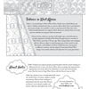 A black-and-white informational flyer titled Stories of West Africa from Schiffer Publishing, Ltd. features patterned fabric art, facts about West African textiles, and a box introducing artist Hollis Chatelain with her website—great as a coloring book page.