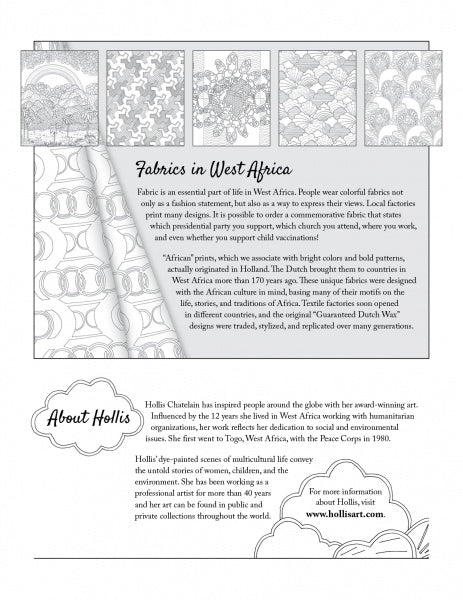 A black-and-white informational flyer titled Stories of West Africa from Schiffer Publishing, Ltd. features patterned fabric art, facts about West African textiles, and a box introducing artist Hollis Chatelain with her website—great as a coloring book page.