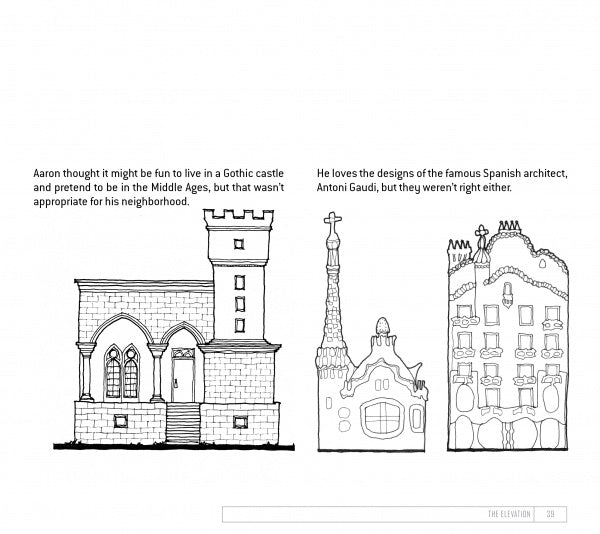 Black-and-white sketches of a Gothic castle and two whimsical buildings inspired by Gaudí. Text above imagines Aaron as a future architect, dreaming in the style of The Future Architect’s Handbook by Schiffer Publishing, Ltd.