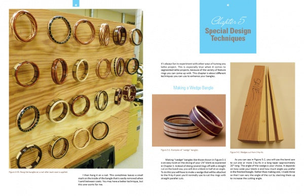 A wooden display holds handcrafted bangles made by turning segmented wood on a lathe. To the right, Schiffer Publishing, Ltd.'s "Turning Segmented Wooden Bangles on the Wood Lathe" shows finished pieces and wood segments ready for assembly.