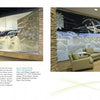 Two images from "Art Glass Today 2" by Schiffer Publishing, Ltd. show a large contemporary glass installation with white etched nature designs, curving along a modern lobby wall with comfy seating and natural stone accents. Artist info appears on the left.