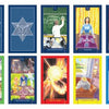 Ten cards from the Today's Journey Tarot by Schiffer Publishing, Ltd. are arranged in two rows, showing figures like a teacher, angel, and knight above, and below, images of art, teamwork, invention, reading, and friendship for spiritual insight.